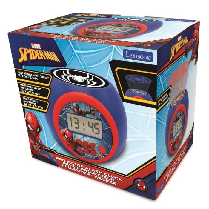 Lexibook - Réveil-projecteur Spiderman - Fonction Alarme et répétition Snooz - Veilleuse avec minuterie - Ecran LCD - Piles