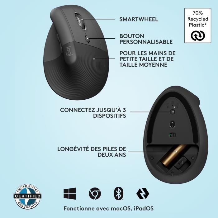 Souris - Sans Fil - Logitech - Lift Ergonomique Verticale - Graphite - Droitier
