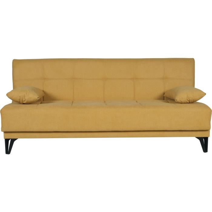 Banquette convertible 3 places - LIMRA - Tissu moutarde - 2 coussins - 190 x 87 x 87 cm