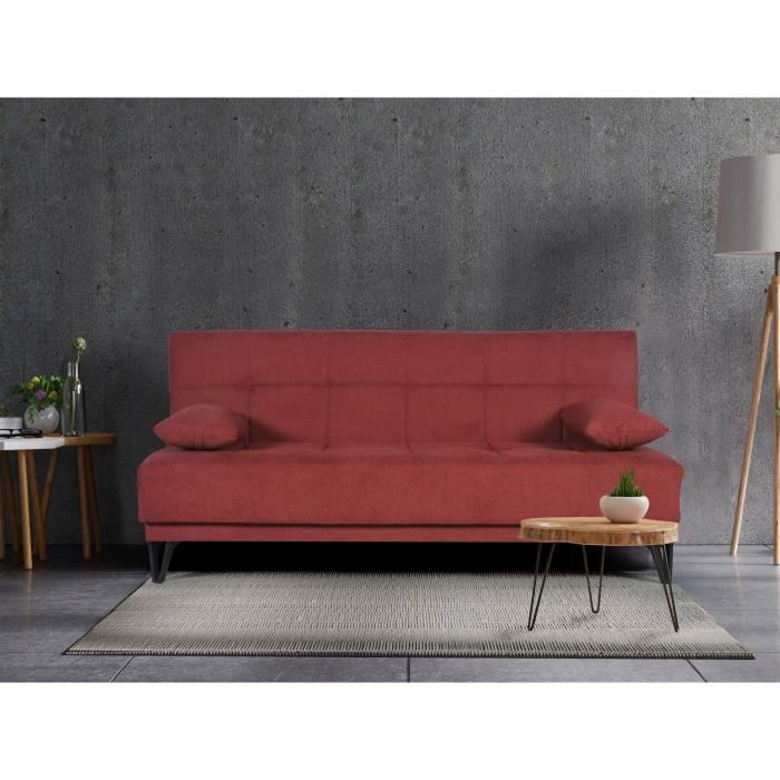Banquette convertible 3 places - LIMRA - Tissu rouge - 2 coussins - 190 x 87 x 87 cm