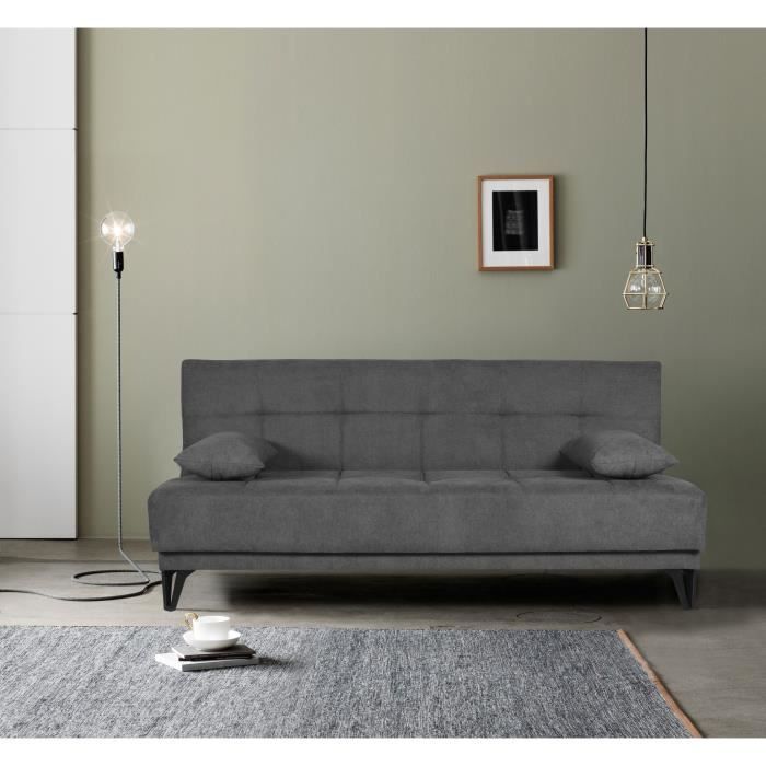 Banquette convertible 3 places - LIMRA - Tissu gris clair - 2 coussins - 190 x 87 x 87 cm