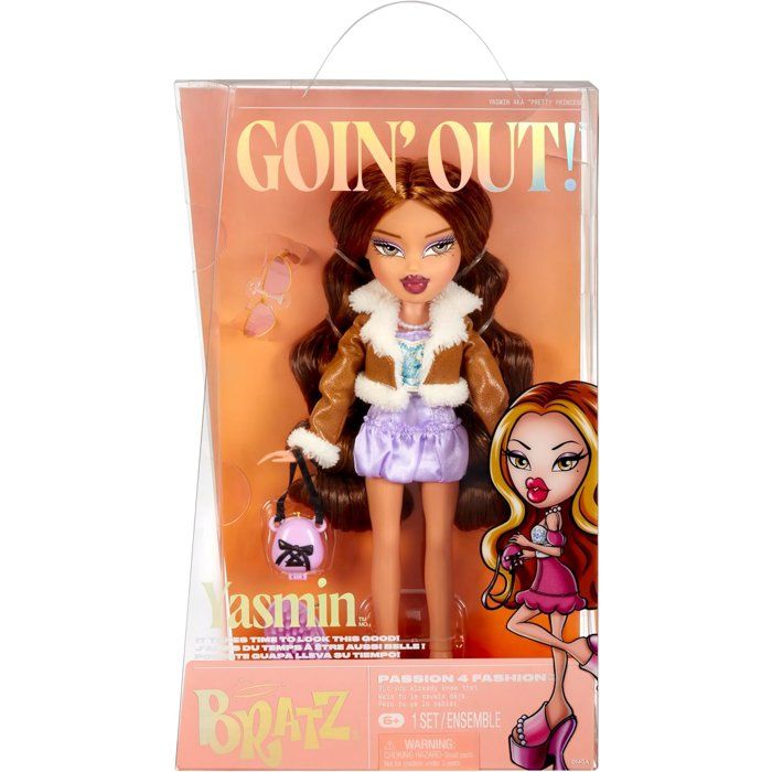Bratz Goin' Out Poupée -Yasmin- 1 Poupée Mannequin a Collectionner - Une Tenue, Un Sac a Main, Une Paire de Lunettes Soleil - 6 ans
