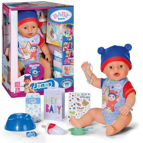 Poupon - BABY BORN - Jonas - 10 fonctions réalistes - 10 accessoires - Bleu et Rouge - 43cm - Des 3 ans