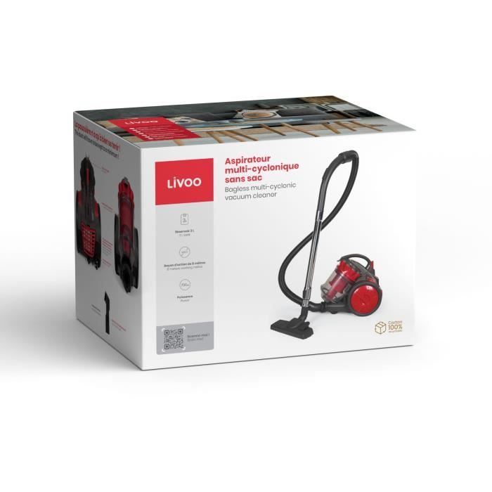 Aspirateur Multi-cyclonique sans sac - LIVOO - DOH136R - 700 W - 16 kPa - 78 dB - 3 L - Filtre lavable - Rouge / Gris