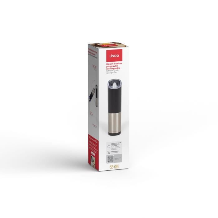 Moulin a épices - LIVOO - GS161 - 80 ml - Moulure réglable - LED bleue - Par gravité rechargeable