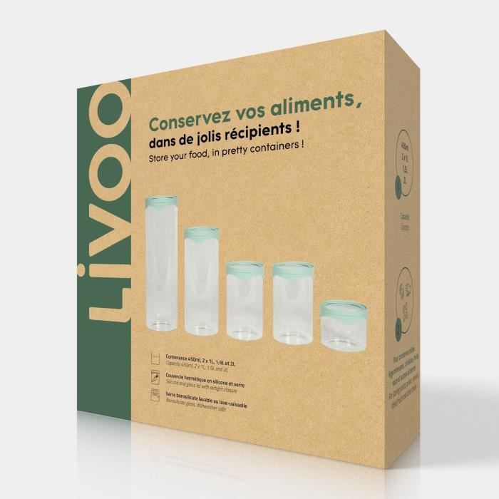 Set de 5 bocaux de conservation - LIVOO - MEN399 - 450 ml - Verre borosciliate - Couvercle en silicone et verre
