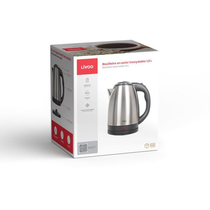Bouilloire - LIVOO - DOD207 - 1500 W - 1,8 L - Socle 360° - Acier inoxydable