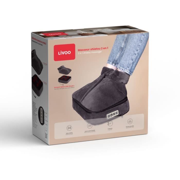 Masseur shiatsu 2 en 1 - LIVOO - DOS204 - Pieds et dos - 24 tetes - 3 vitesses - Avec ou sans chaleur - Gris