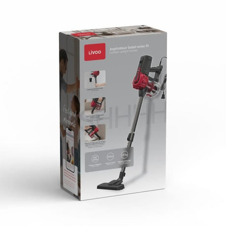 Aspirateur Balai Filaire - LIVOO DOH142 - 600 W - 12 kPa - 82 dB - Cyclonique - 0,55 L - Rouge