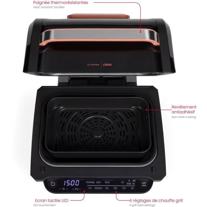 Friteuse sans huile et grill - LIVOO - Livoo x Marmiton - DOC305 - 6 L - 1500-1700 W - 2 en 1 - 8 programmes - 4 réglages de chauffe