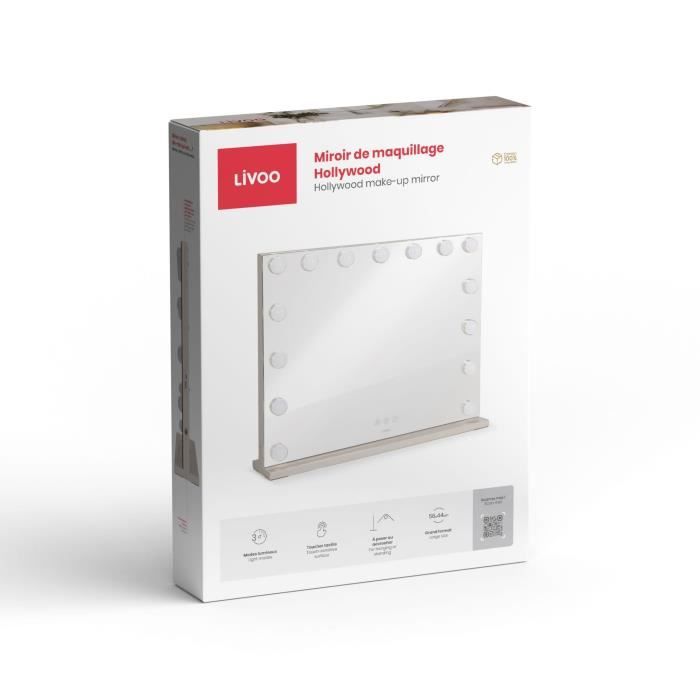 Miroir de maquillage Hollywood - LIVOO - DOS207 - 56 x 44 cm - 15 LEDs - 3 modes lumineux - Blanc