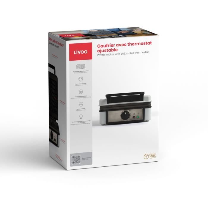 Gaufrier avec thermostat ajustable - LIVOO - DOP206 - 1200W - 2 gaufres - Antiadhésif - Surface 14,5 x 17,5 cm - Témoins lumineux