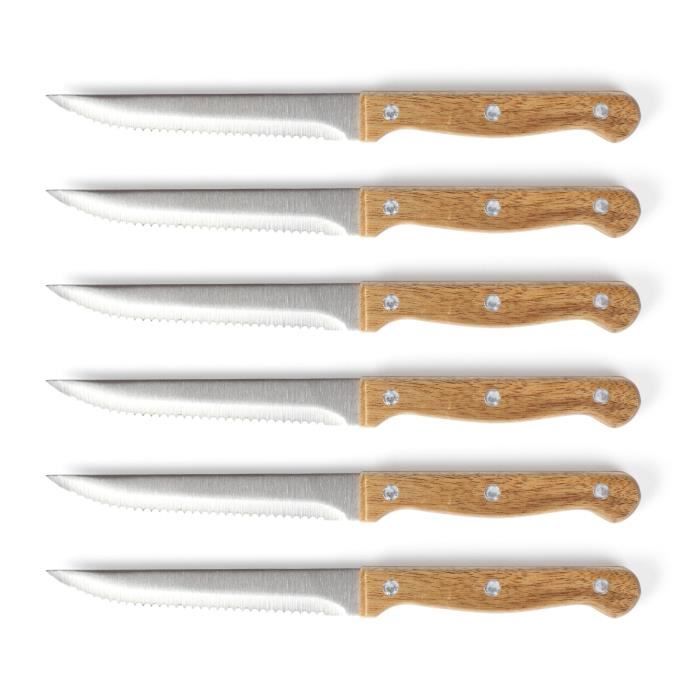 Set de 6 couteaux a steak avec support - LIVOO - MEC133 - 11 cm - Acier inoxydable - Epaisseur 1,2 mm - En bois d'acacia - 3 rivets