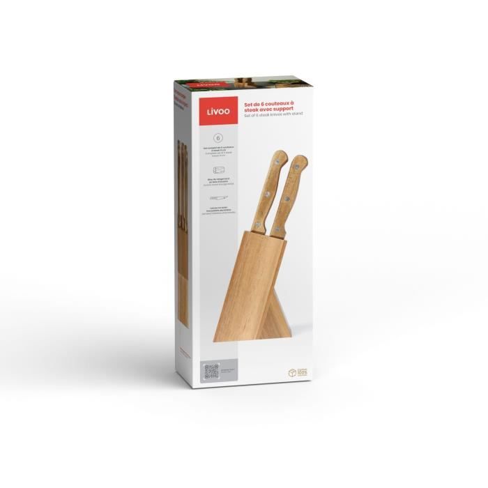 Set de 6 couteaux a steak avec support - LIVOO - MEC133 - 11 cm - Acier inoxydable - Epaisseur 1,2 mm - En bois d'acacia - 3 rivets