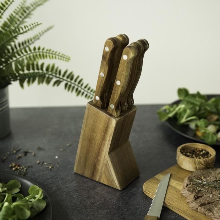 Set de 6 couteaux a steak avec support - LIVOO - MEC133 - 11 cm - Acier inoxydable - Epaisseur 1,2 mm - En bois d'acacia - 3 rivets