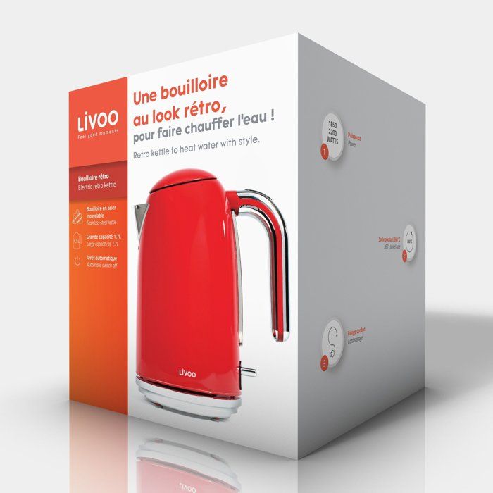 Bouilloire rétro - LIVOO - DOD180R - 2200 W - 1,7 L - Socle 360° - Rouge