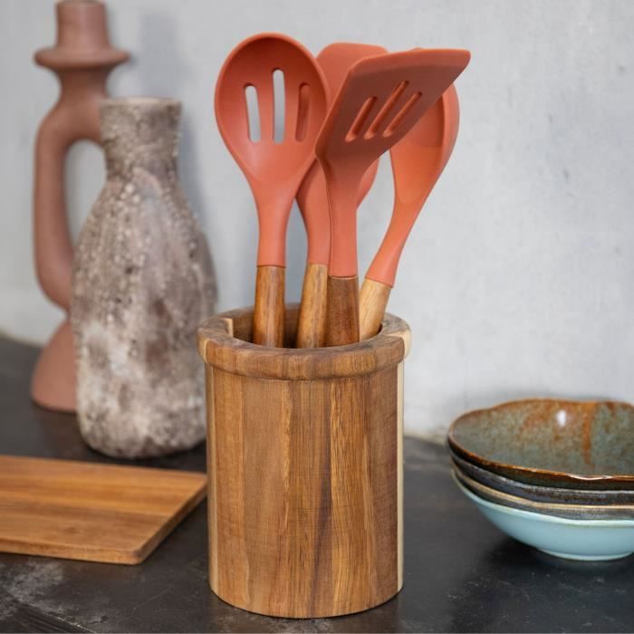 Set de 4 ustensiles - LIVOO - MES153 - Pot et ustensiles acacia FSC - En silicone 31 cm - Pot 15 x 12 cm