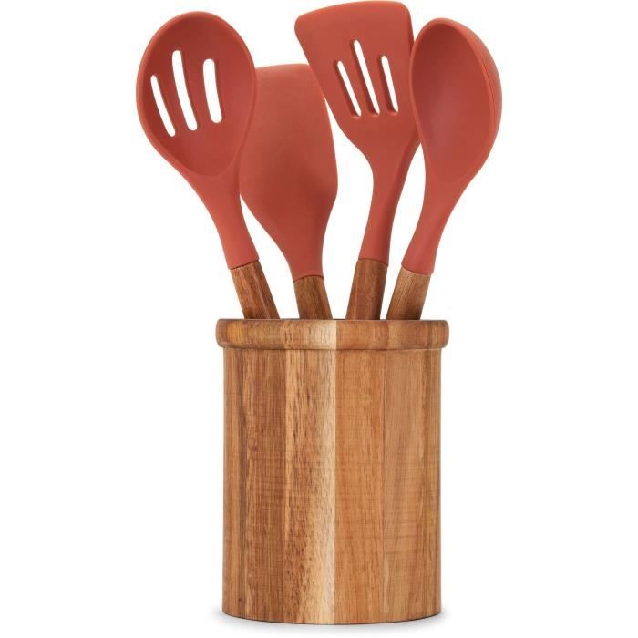 Set de 4 ustensiles - LIVOO - MES153 - Pot et ustensiles acacia FSC - En silicone 31 cm - Pot 15 x 12 cm