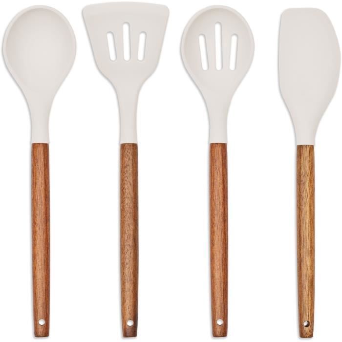 Set de 4 ustensiles avec pot - LIVOO - MES153G - Pot et ustensiles acacia FSC - En silicone 31 cm - Pot 15 sx 12 cm