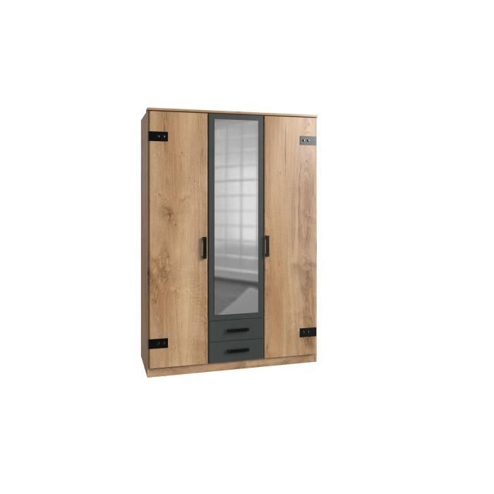 Armoire CORFOU - Décor Chene et gris anthracite + Miroir - 3 portes battantes - 2 tiroirs - L135 x P58 x H199 cm