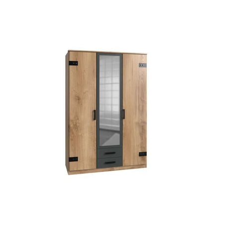 Armoire CORFOU - Décor Chene et gris anthracite + Miroir - 3 portes battantes - 2 tiroirs - L135 x P58 x H199 cm