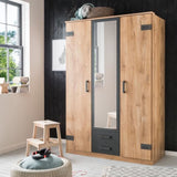 Armoire CORFOU - Décor Chene et gris anthracite + Miroir - 3 portes battantes - 2 tiroirs - L135 x P58 x H199 cm
