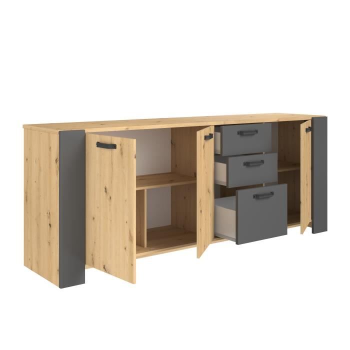 Buffet LOFT - Décor chene artisan et mélamine gris ombre - 3 portes et 3 tiroirs - L 220 x P 52 x H 86.5 cm - PARISOT