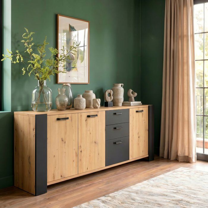 Buffet LOFT - Décor chene artisan et mélamine gris ombre - 3 portes et 3 tiroirs - L 220 x P 52 x H 86.5 cm - PARISOT