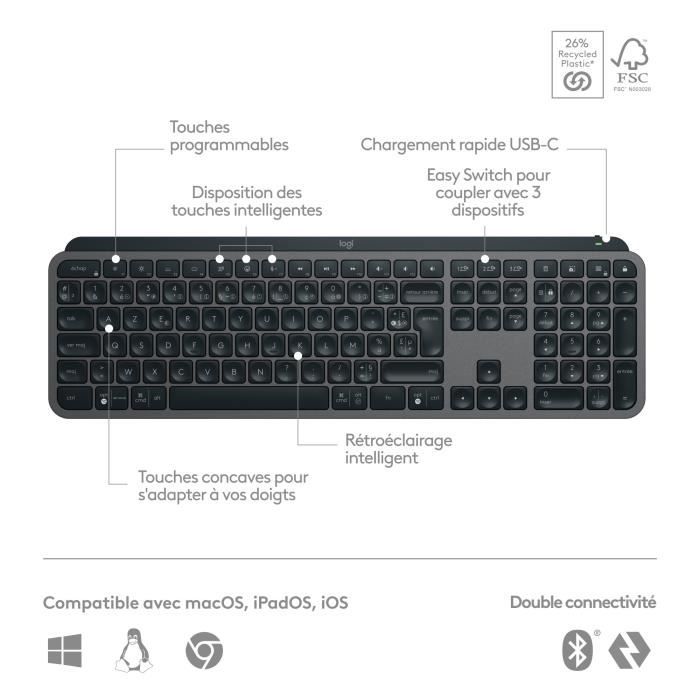 Clavier - Sans fil - Logitech - MX Keys S - AZERTY -Graphite