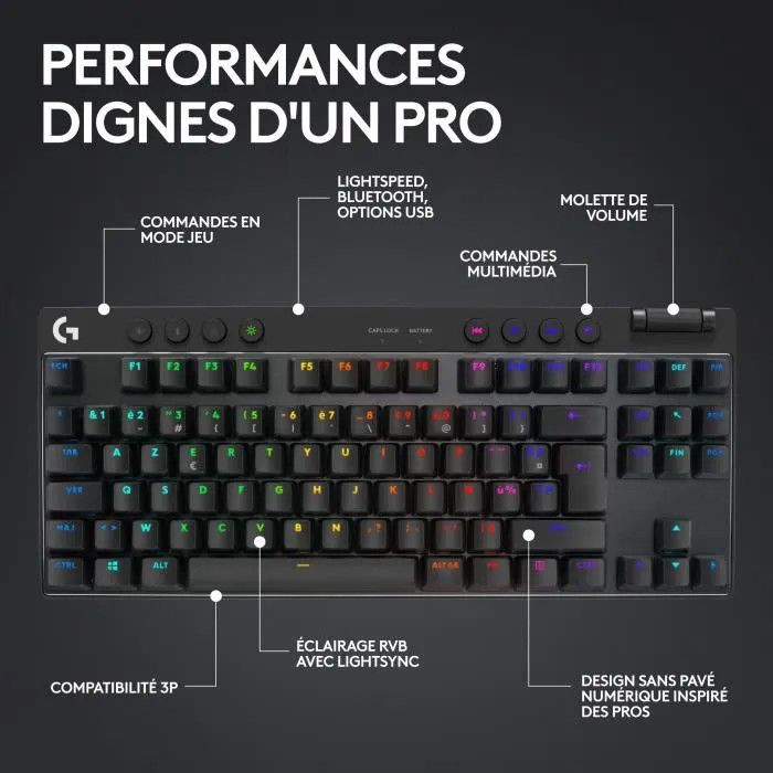 Clavier gamer - Sans fil - Logitech G  Pro X TKL Lightspeed - AZERTY - Mécanique - Rétroéclairé - Noir