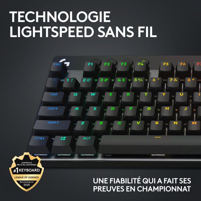 Clavier gamer - Sans fil - Logitech G  Pro X TKL Lightspeed - AZERTY - Mécanique - Rétroéclairé - Noir
