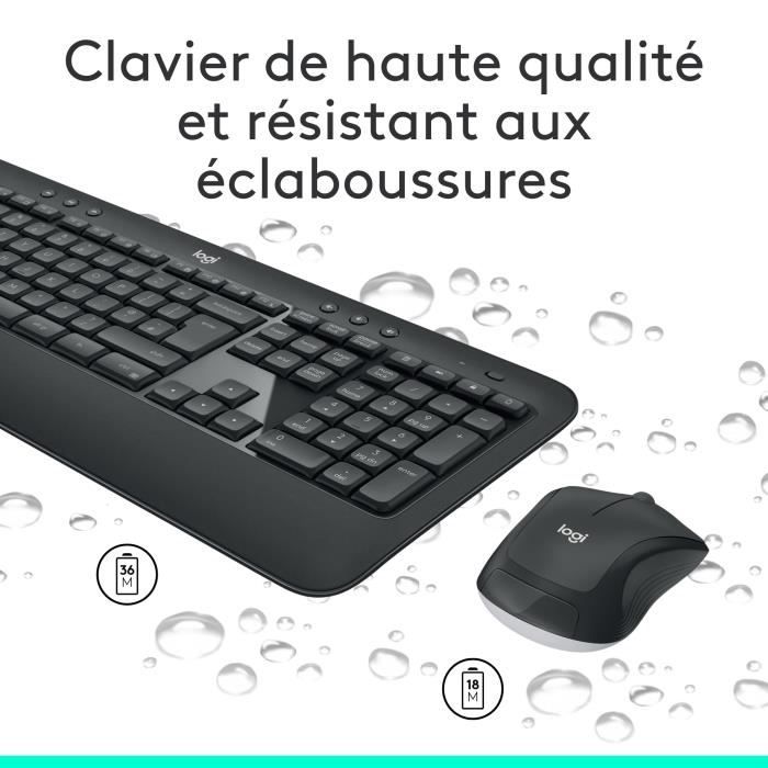 Ensemble Clavier Souris - Sans fil - Logitech - MK540 - AZERTY - Noir