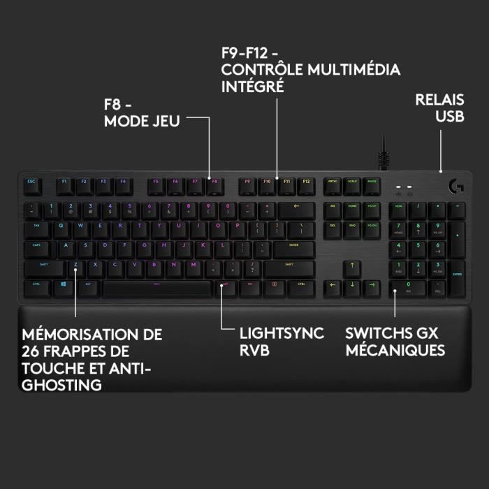 Clavier gamer - Filaire - Logitech G - G513 - AZERTY - Mécanique - RGB - Noir
