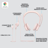 Casque - Filaire - Logitech - H390 - StÈrÈo, Microphone intÈgrÈ, Antibruit - Rose