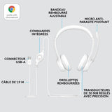 Casque - Filaire - Logitech - H390 - StÈrÈo, Microphone intÈgrÈ, Antibruit - Blanc