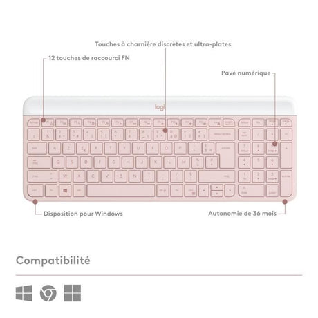 Ensemble Clavier Souris - Sans fil - Logitech - MK470 Slim - Silencieux - AZERTY - Rose