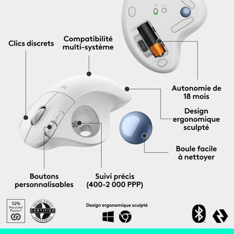 Souris - Sans fil - Logitech - Ergo M575S - Blanc