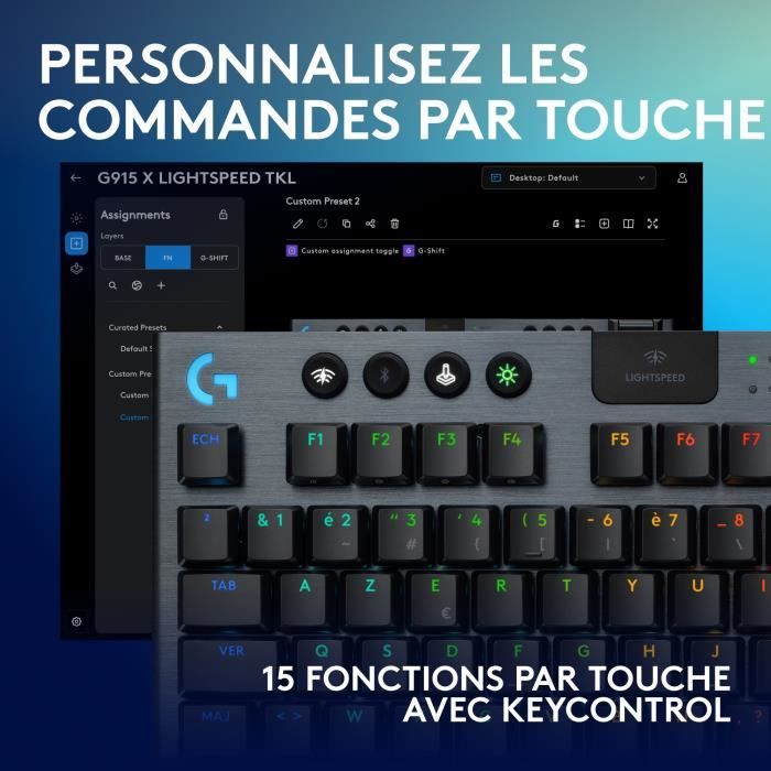 Clavier gamer - Sans fil - Logitech G - G915 TKL X - AZERTY - Switch clicky - Noir