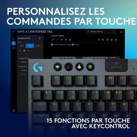 Clavier gamer - Sans fil - Logitech G - G915 TKL X - AZERTY - Switch clicky - Noir
