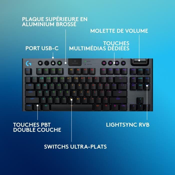 Clavier gamer - Sans fil - Logitech G - G915 TKL X - AZERTY - Switch clicky - Noir