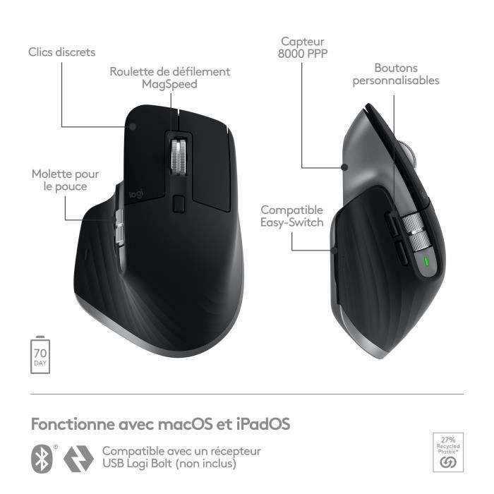 Souris - Sans fil - Logitech - MX Master 3S - Gris Sideral - Pour Mac