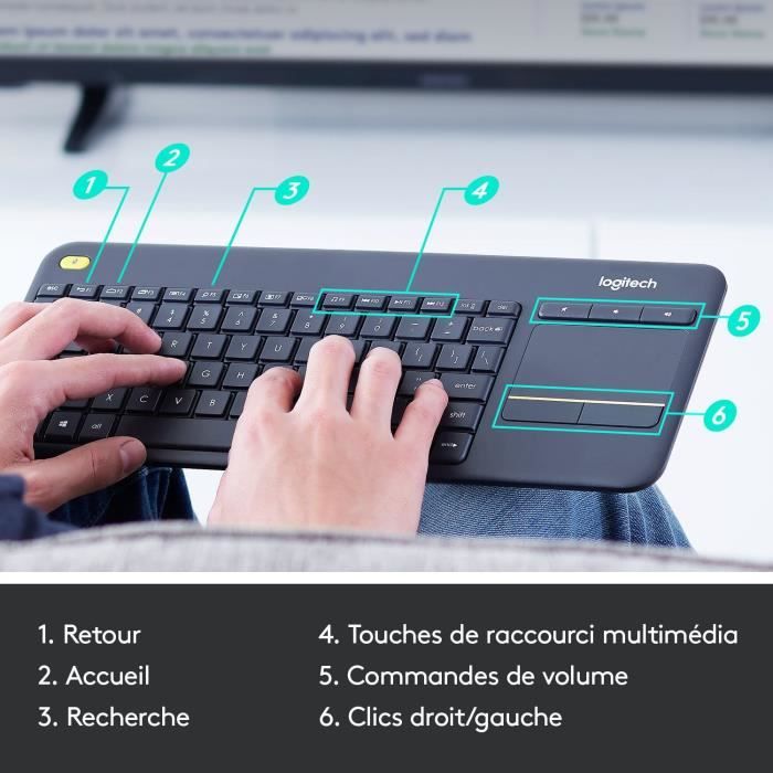 Clavier TV - Sans fil - Logitech - K400 Plus - PavÈ tactile - AZERTY - Noir