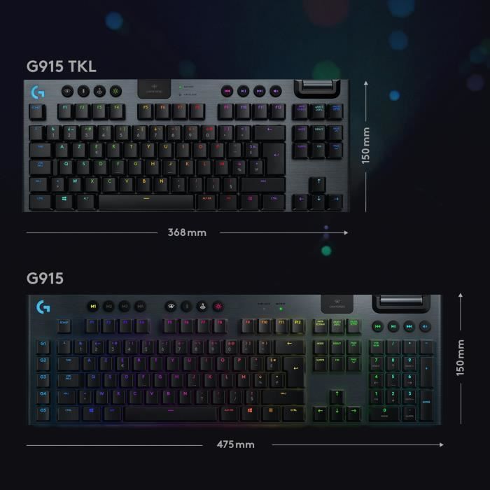 Clavier gamer - Sans fil - Logitech G - G915 TKL - Retroeclaire - AZERTY - Noir