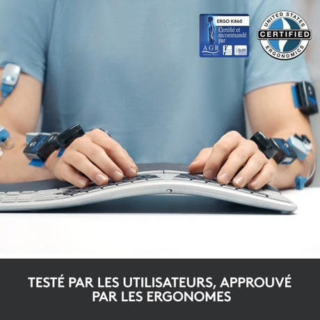 Clavier - Sans fil - Logitech - ERGO K860 - AZERTY - Ergonomique avec repose-poignets - Noir