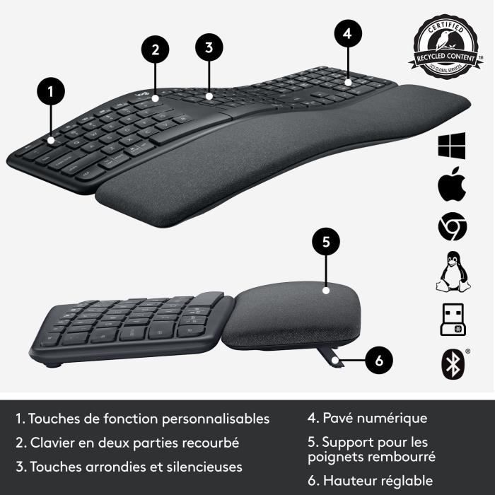 Clavier - Sans fil - Logitech - ERGO K860 - AZERTY - Ergonomique avec repose-poignets - Noir