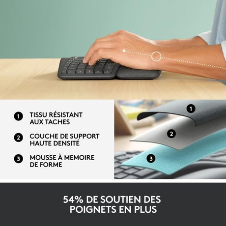 Clavier - Sans fil - Logitech - ERGO K860 - AZERTY - Ergonomique avec repose-poignets - Noir