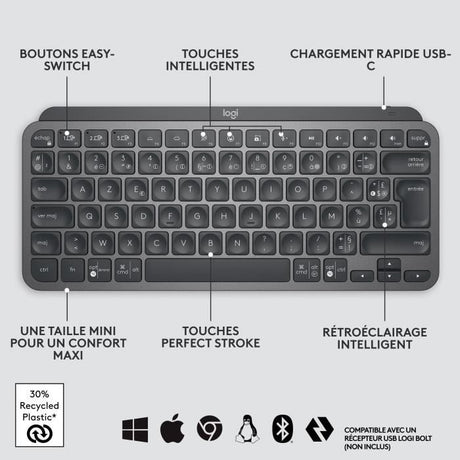 Clavier - Sans Fil - Logitech - MX Keys Mini - AZERTY - Rétroéclairé - Noir