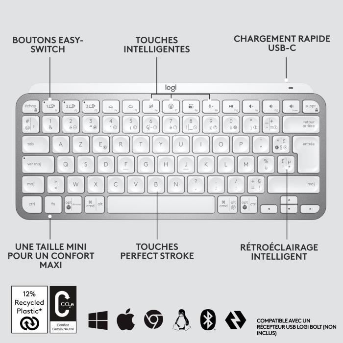 Clavier - Sans Fil - Logitech - MX Keys Mini - AZERTY - Rétroéclairé - Gris clair