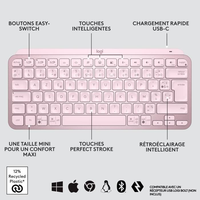 Clavier - Sans Fil - Logitech - MX Keys Mini - rÈtroÈclairÈ - AZERTY - Rose