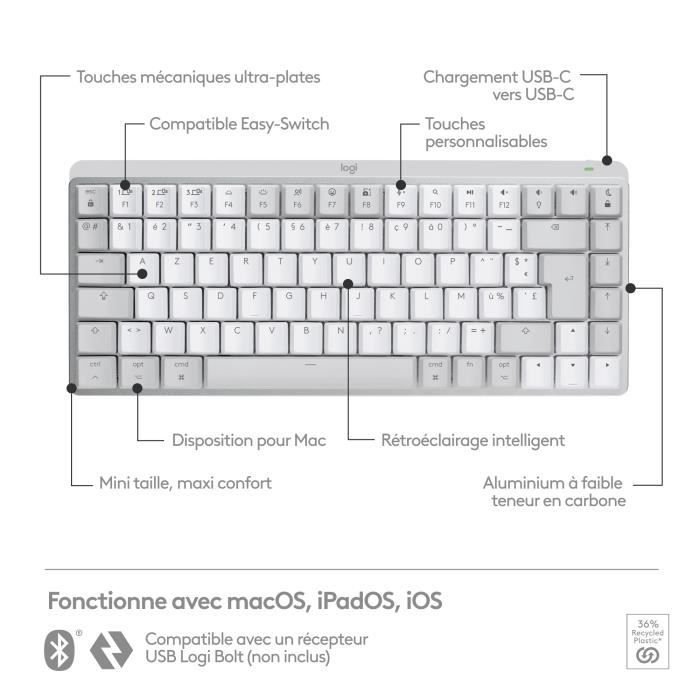 Clavier Logitech MX Mechanical Mini pour Mac Clavier Sans Fil Illumine - Gris Pale